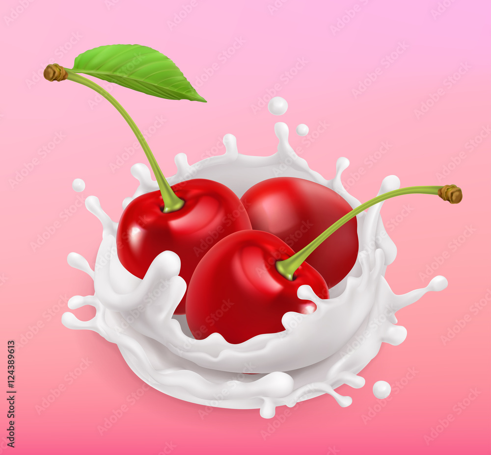 Cherry and milk splash. Fruit and yogurt. Realistic illustration. 3d vector icon