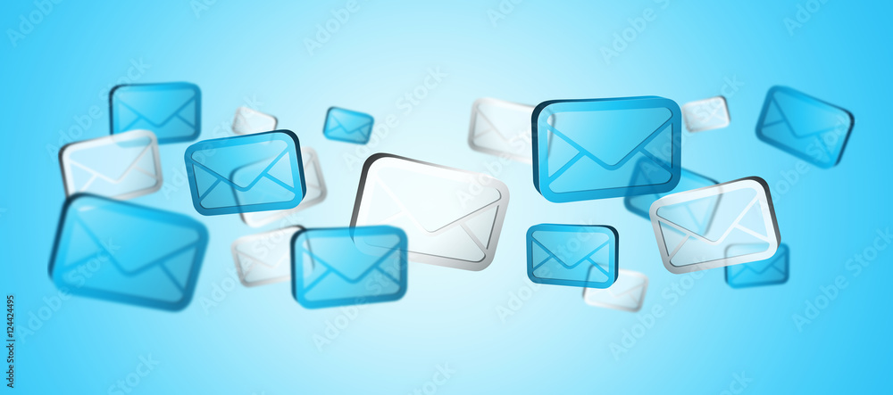 Numerous white and blue email icons flying 3D rendering’