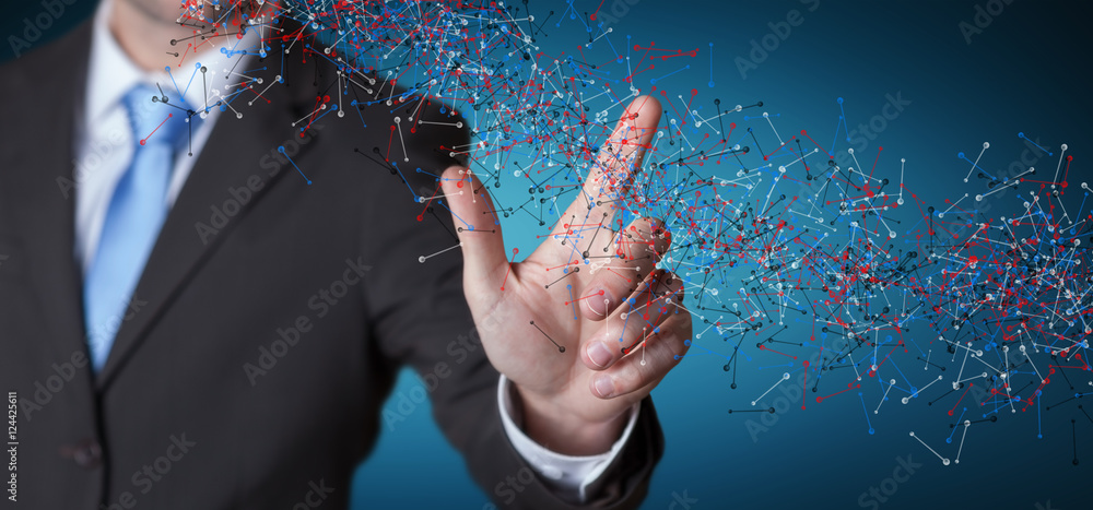 Man touching DNA structure with his finger