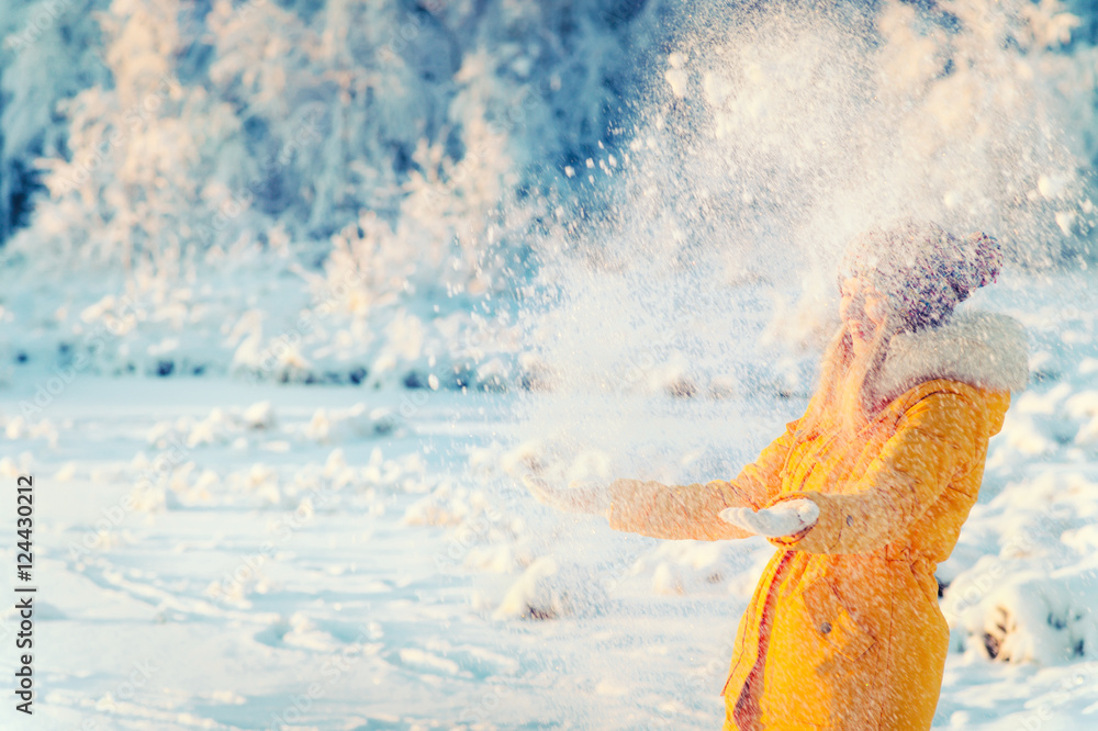 Young Woman playing with snow Outdoor Winter Lifestyle happiness emotions nature on background