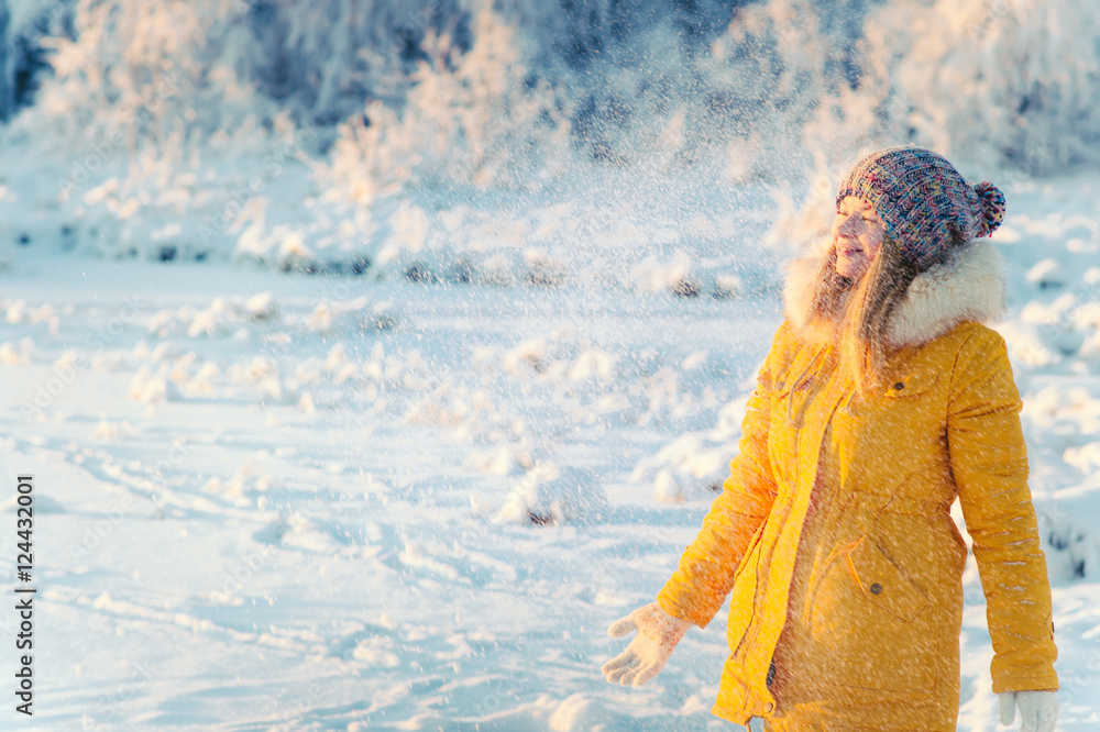 Young Woman playing with snow Outdoor Winter Lifestyle happiness emotions nature on background