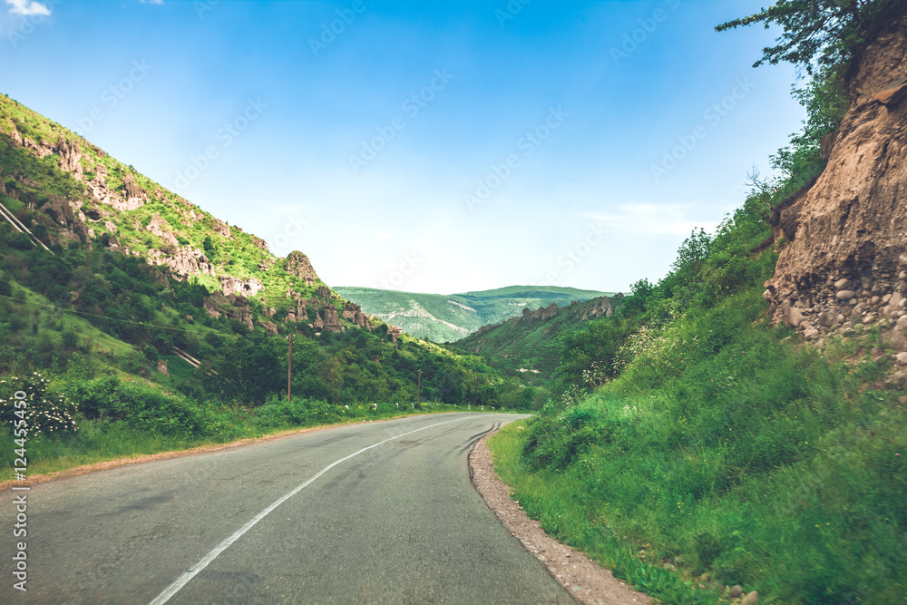 Beautiful landscape with road in mountains. Exploring Armenia