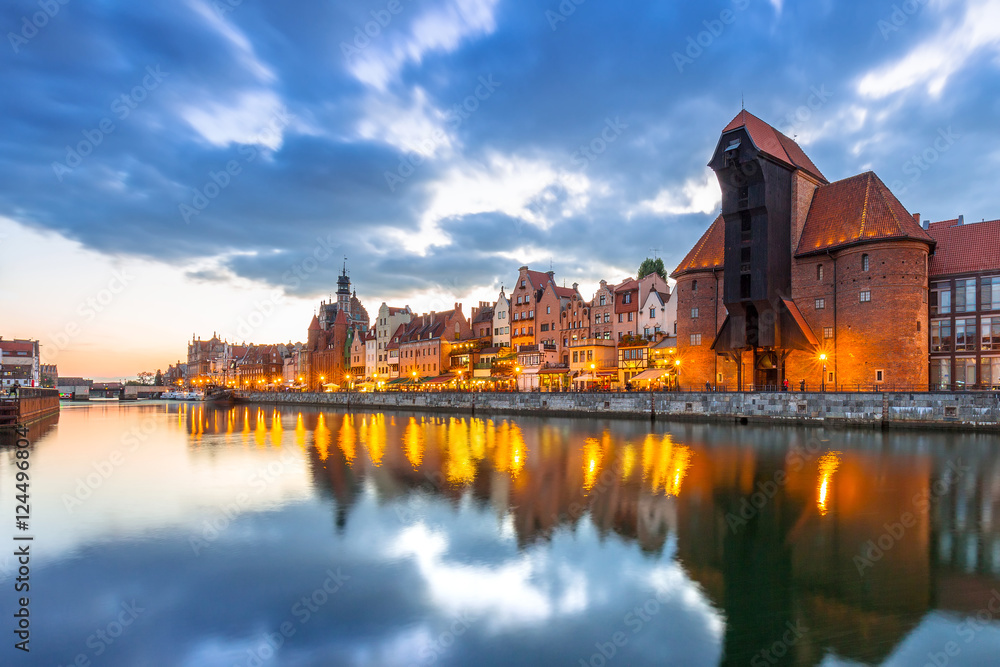 Old town of Gdansk with ancient crane at dusk, Poland