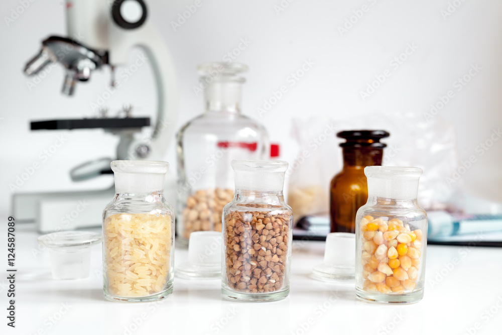 cereals in glass vials for analysis in laboratory