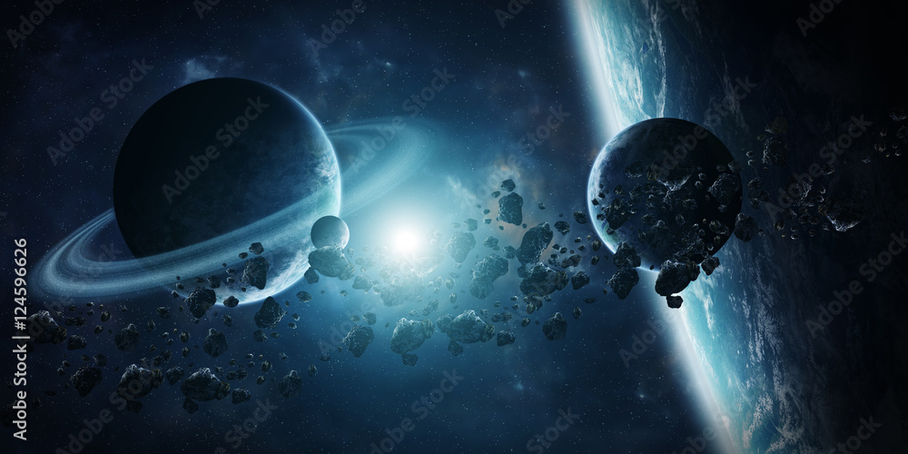 Sunrise over distant planet system in space 3D rendering element