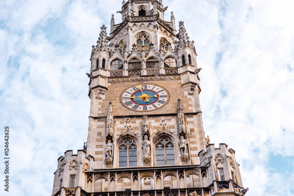 Close-up view on the clock tower of the main town hall on Marys square in Munich, Germany