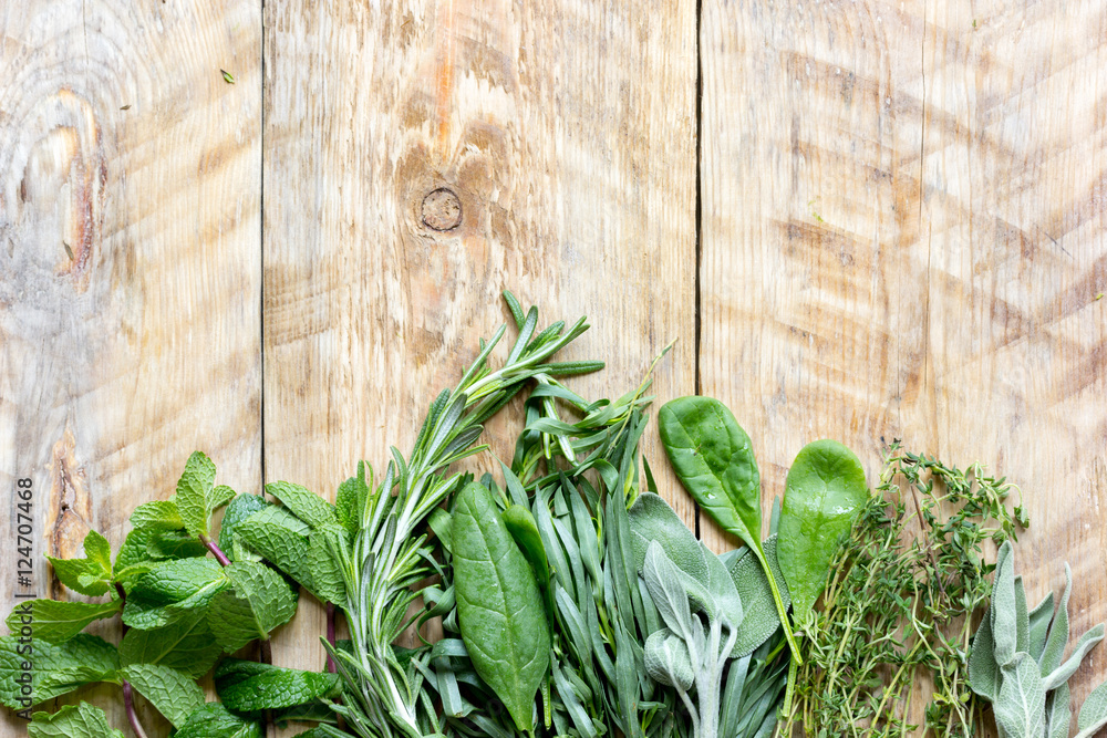 mint, rosemary, thyme - fresh herbs for cooking top view