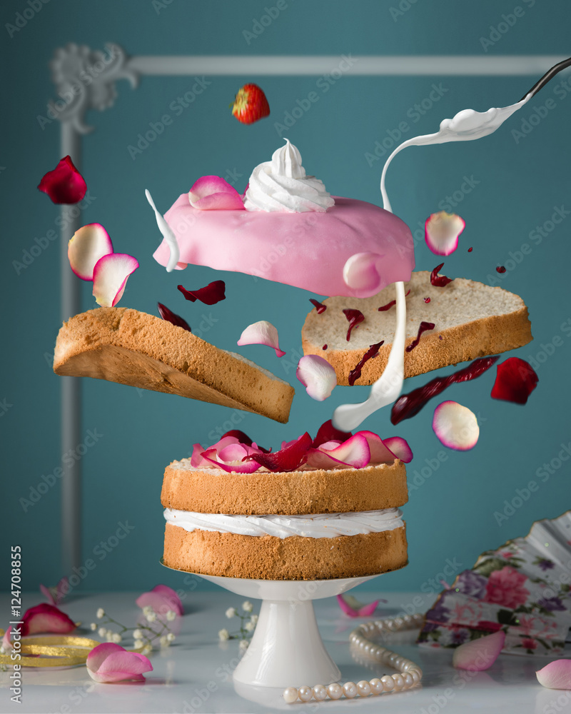 Bakery. Confectionary. Flying cake. Creamcheese, cream, jam, dessert, concept, abstraction.