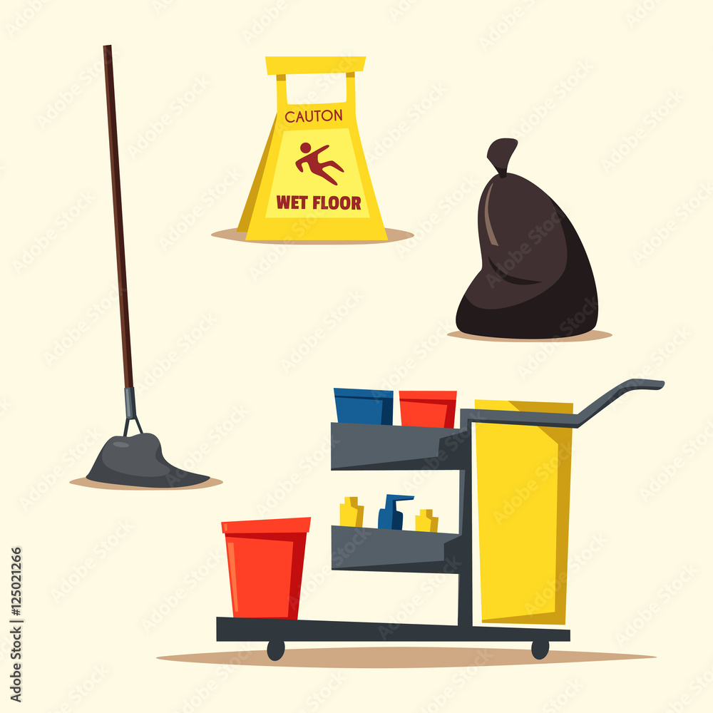 Commercial cleaning equipment with cart. Cartoon vector illustration