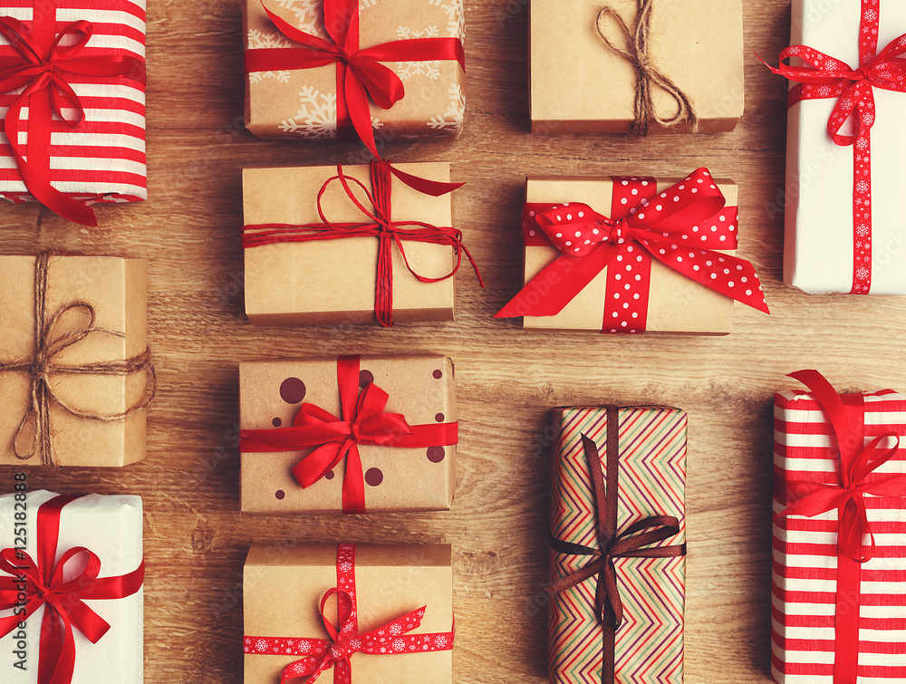 Christmas gifts presents on a wooden table