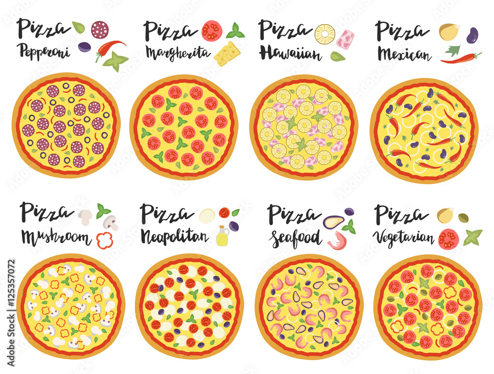 Vector set of hand drawn pizza popular varieties.