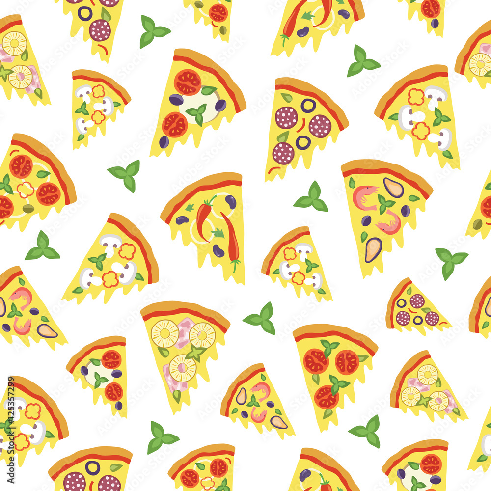 Vector seamless pattern with slices of pizza.