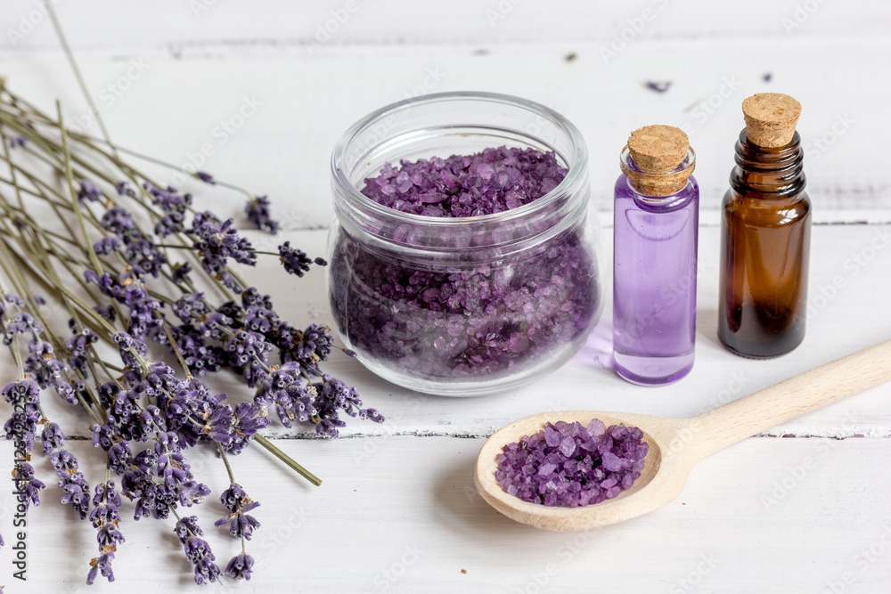 organic cosmetics with lavender on wooden background