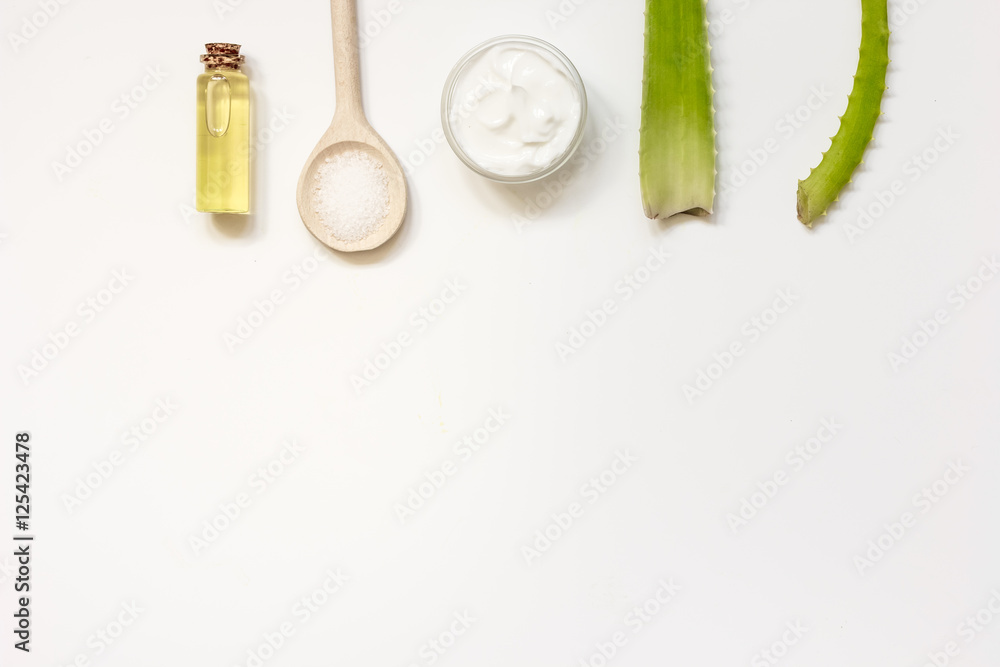 Alternative skin care aloe vera top view on white background