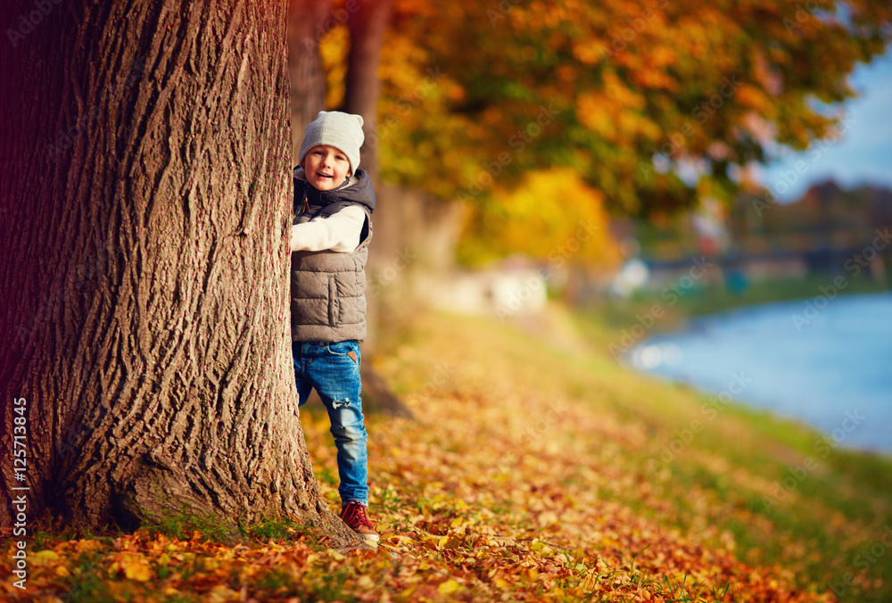 cute fashionable boy walking in autumn park