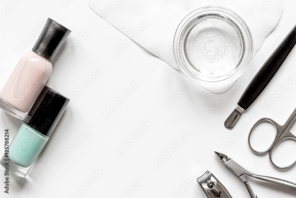 French manicure - preparing tools on white backround top view