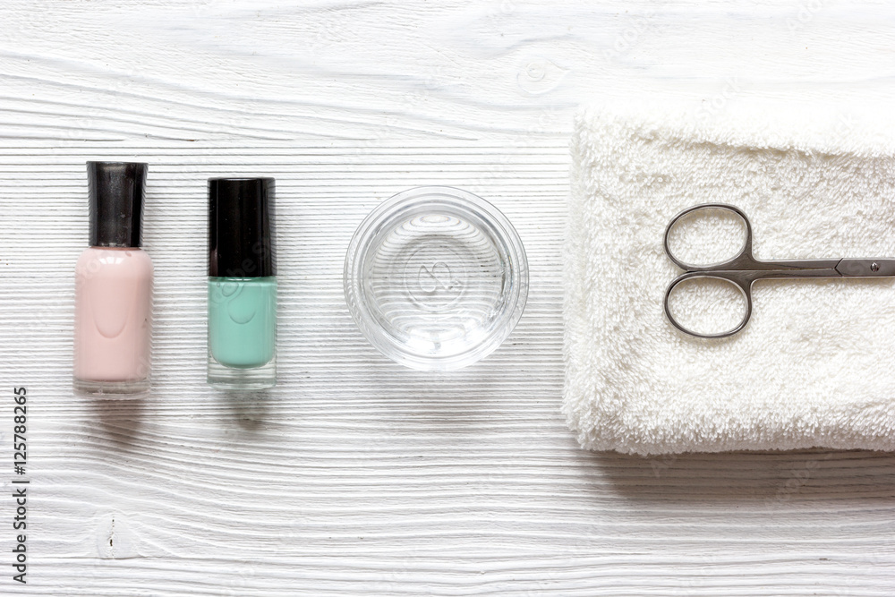 French manicure - preparing tools on wooden backround top view