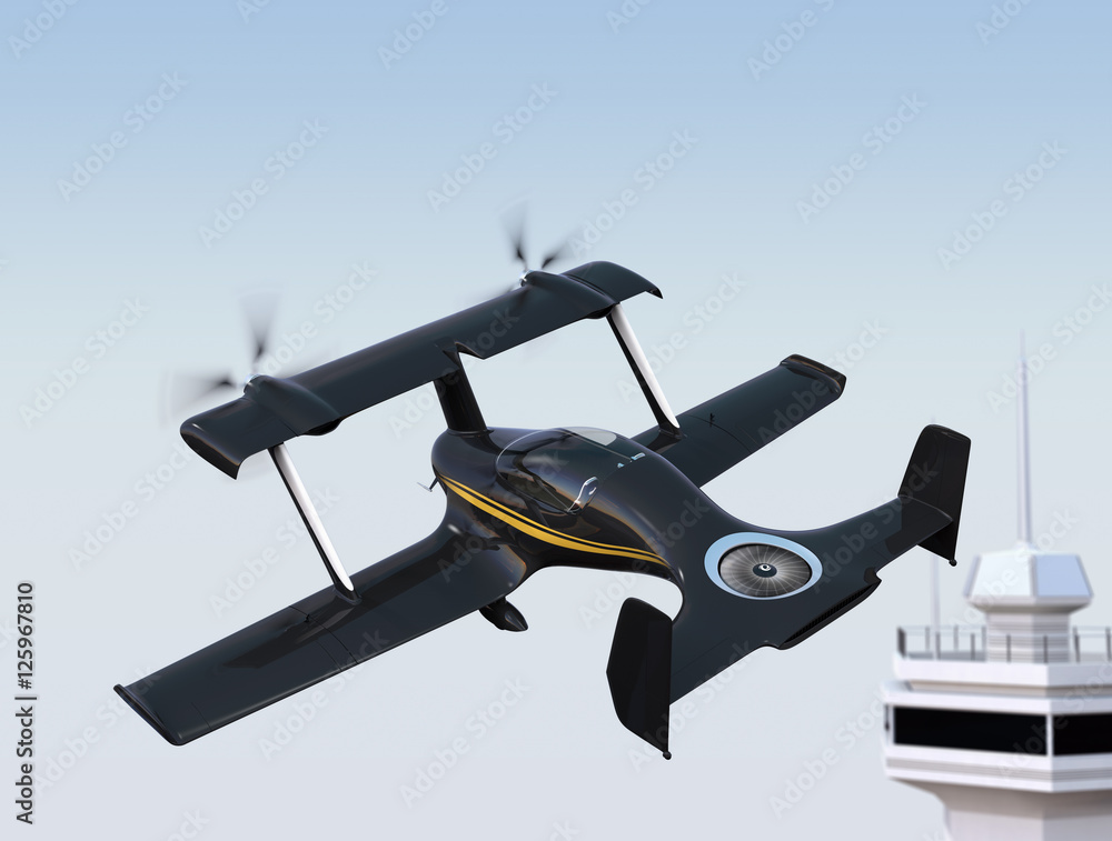 Autonomous flying drone taxi in airport. 3D rendering image.