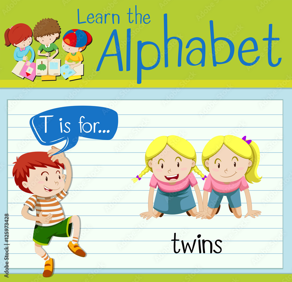 Flashcard letter T is for twins