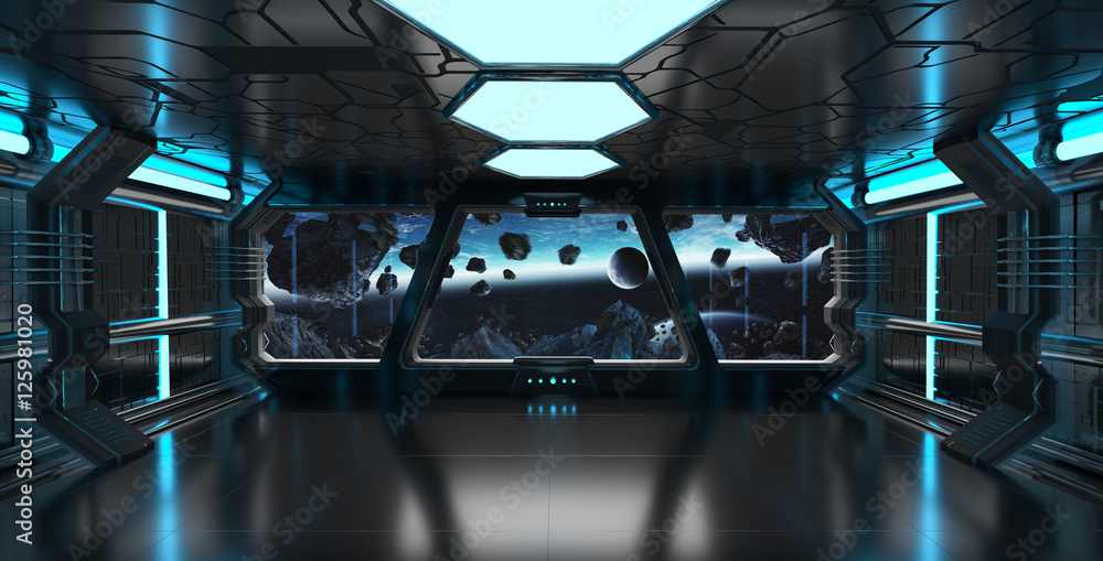 Spaceship interior with view on the planet Earth 3D rendering el