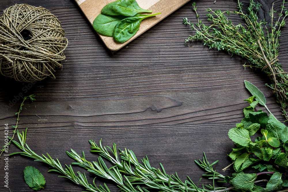 fresh herb frame on dark wooden background top view