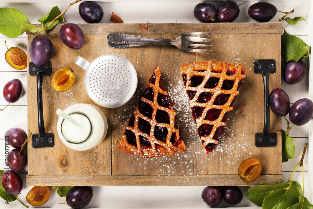 Plum tart, milk and fresh plums