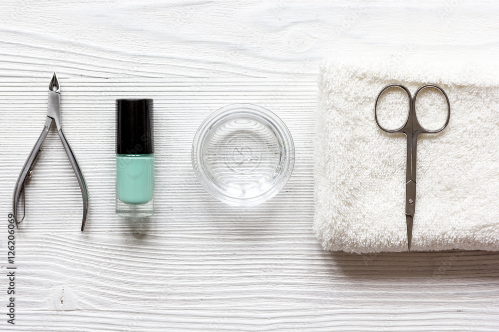 French manicure - preparing tools on wooden backround top view