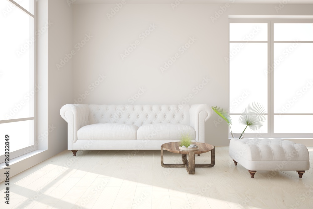 White room with sofa. Scandinavian interior design