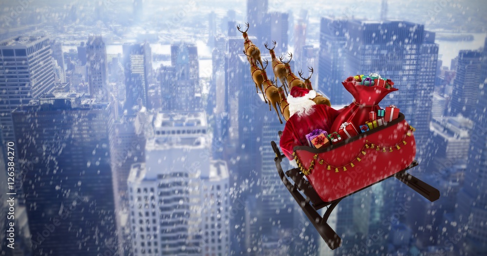 Composite image of high angle view of santa claus riding on sled