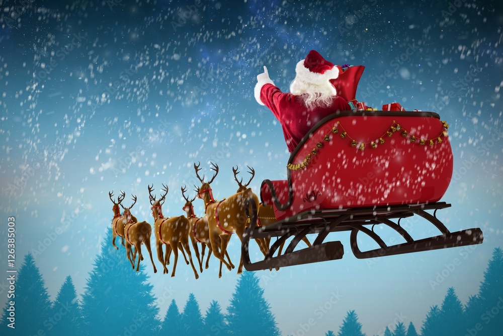 Composite image of santa claus riding on sleigh during christmas