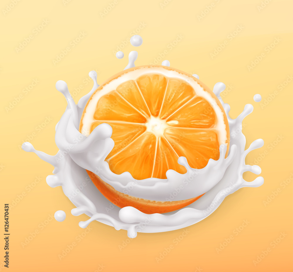 Orange fruit and milk splash. Fruit and yogurt. Realistic illustration. 3d vector icon