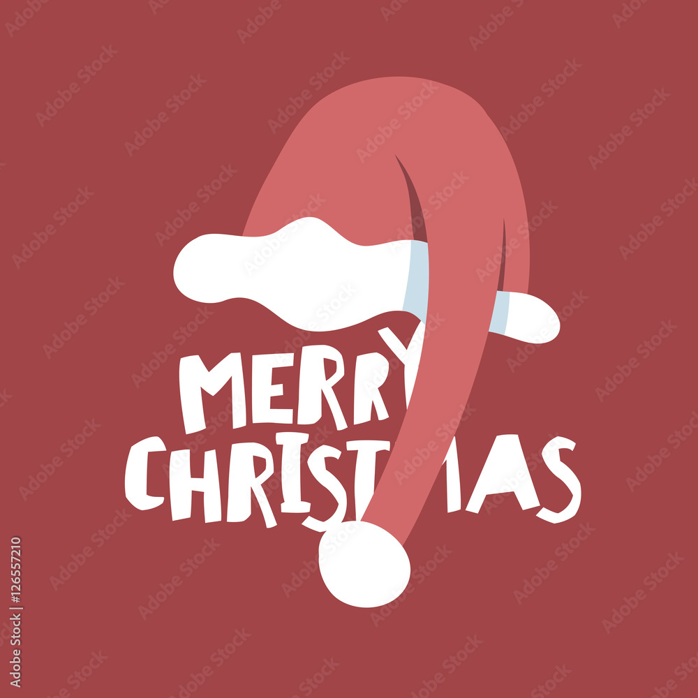 Greeting postcard with Santa`s hat. Merry Christmas card. Vector