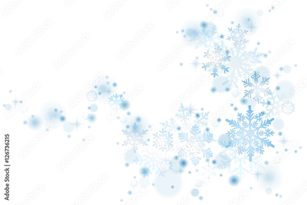 Swirl of blue Christmas snowflakes on white