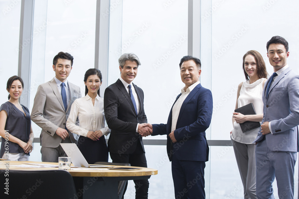 Businessmen shaking hands in meeting room