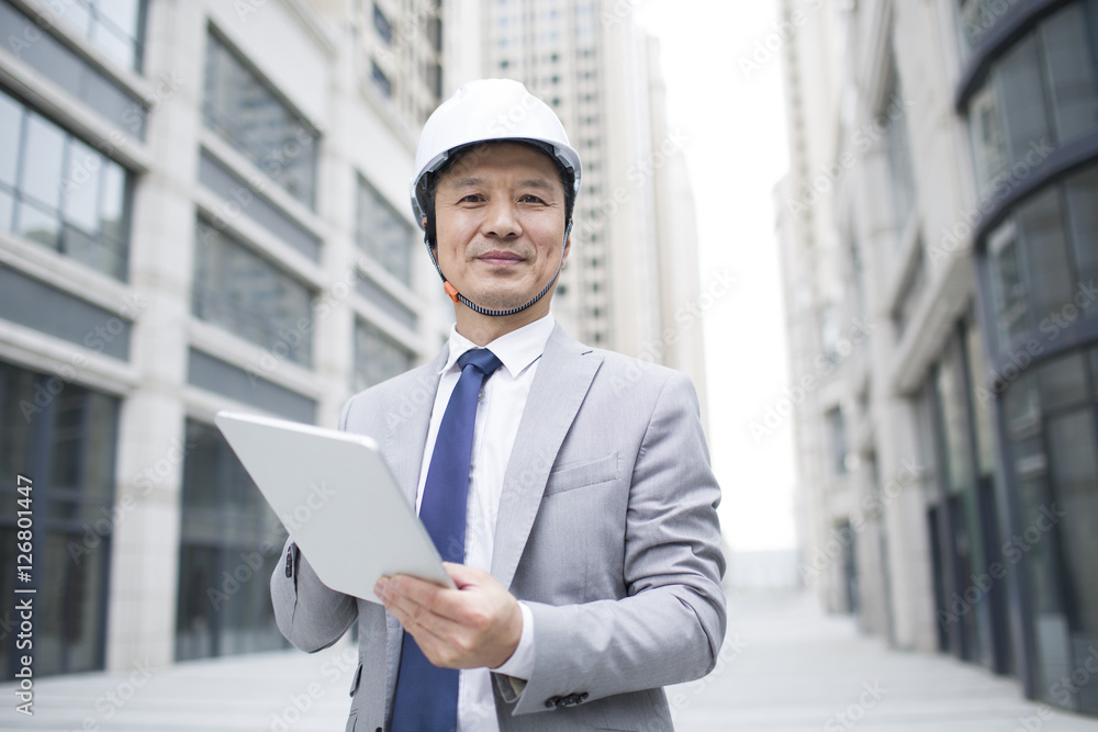 男建筑师在户外使用数字平板电脑