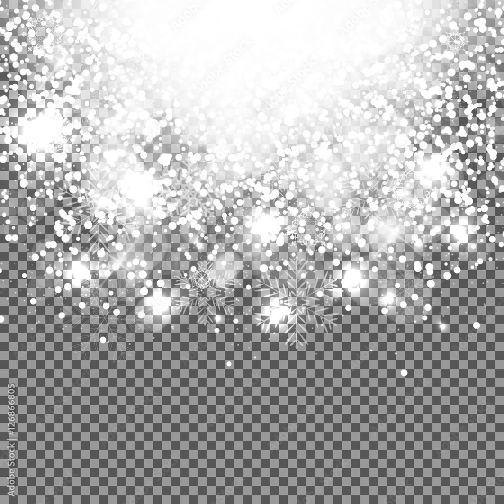 Falling Shining Snowflakes and Snow on Transparent Background. C