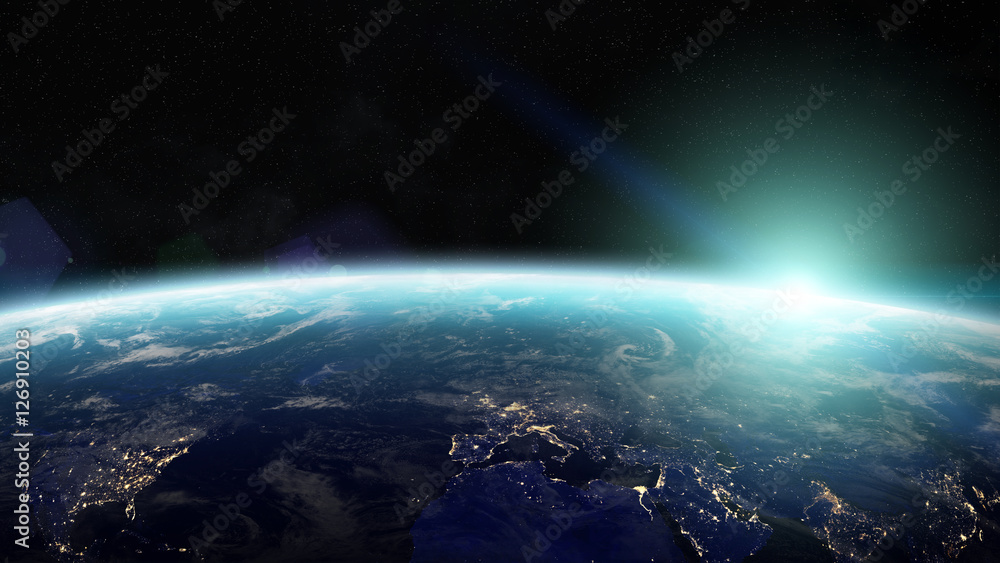 Sunrise over planet Earth in space 3D rendering elements of this