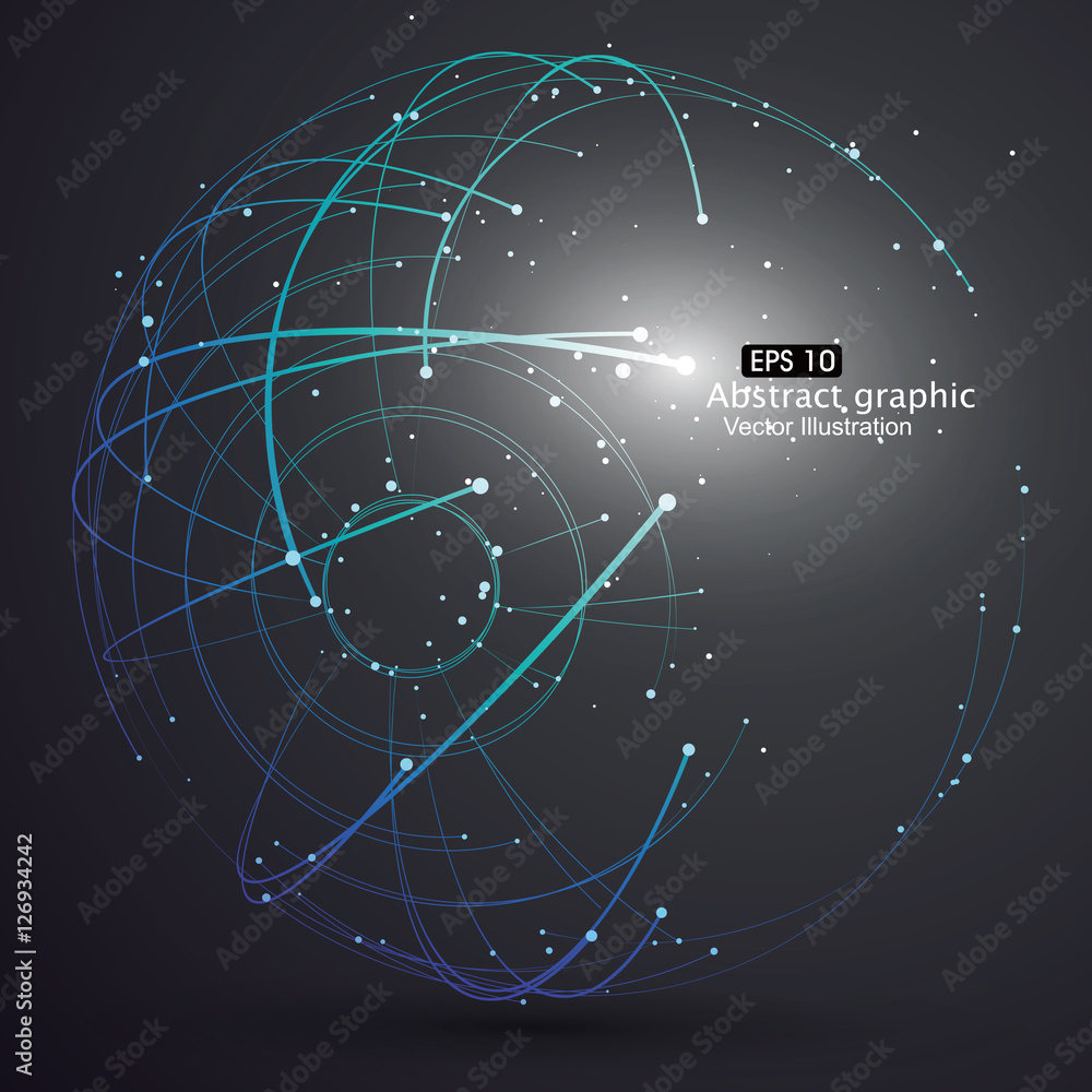 点和曲线构建了球体线框，技术感抽象插图。