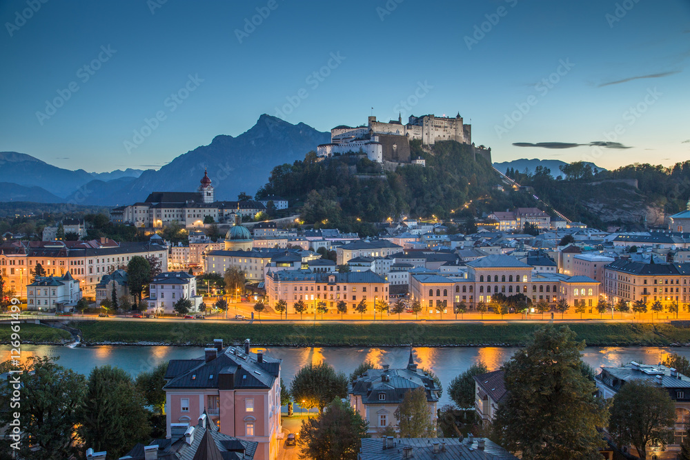 Historic city of Salzburg in twilight at dusk, Salzburger Land, Austria