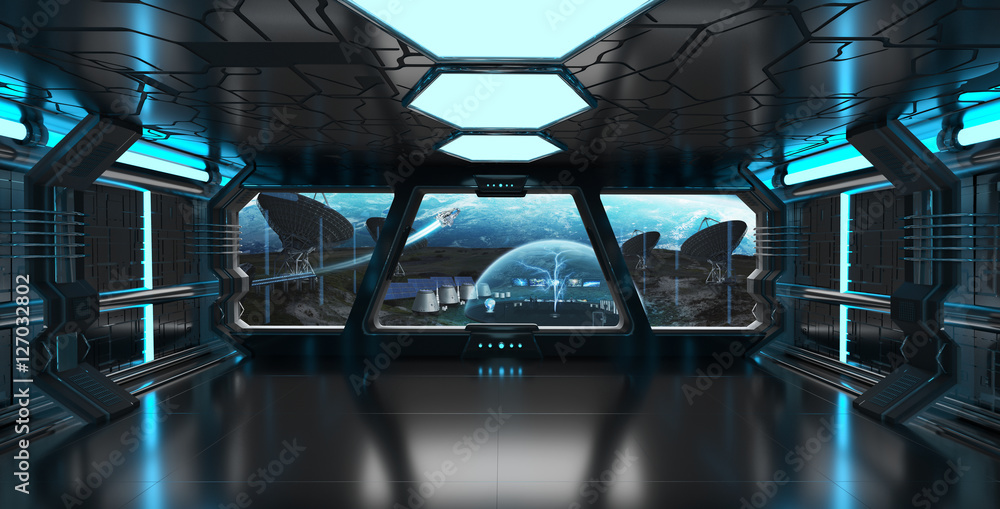 Spaceship interior with view on distant planets system 3D render