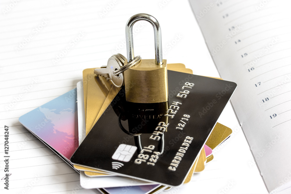 Credit cards with lock close up - online shopping