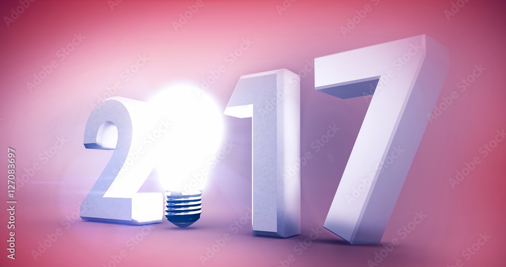 Composite image of 2017 with glowing light bulb over white backg