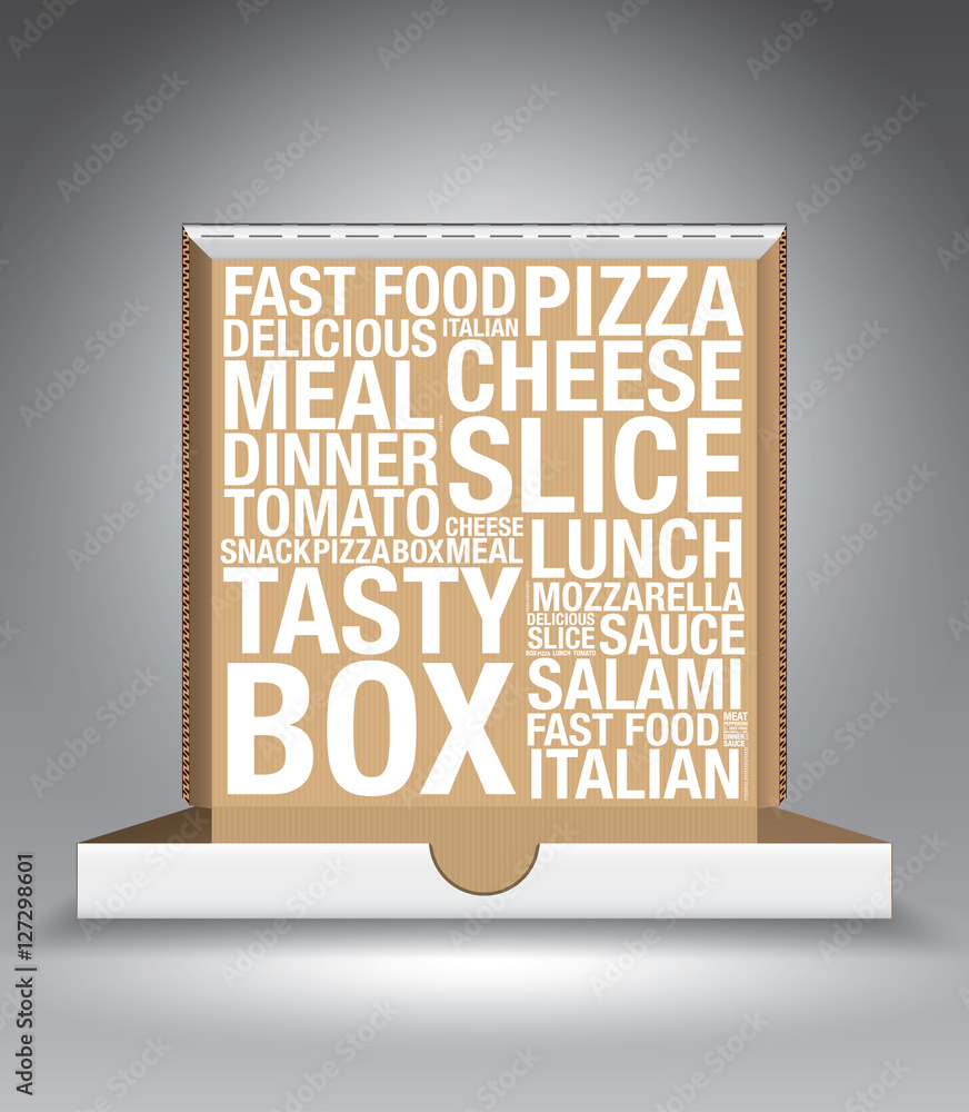 Open pizza box with word cloud vector illustration