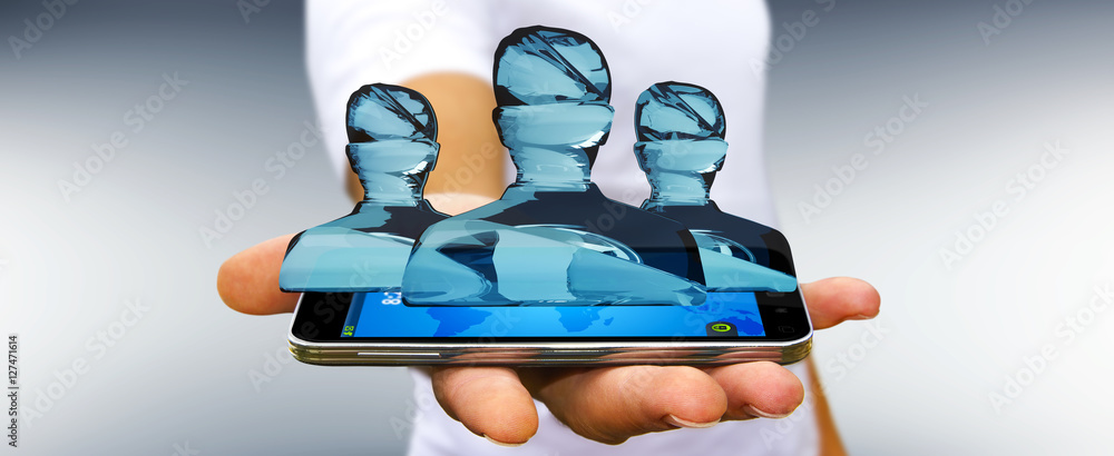 Businessman with shiny glass avatar group over phone 3D renderin