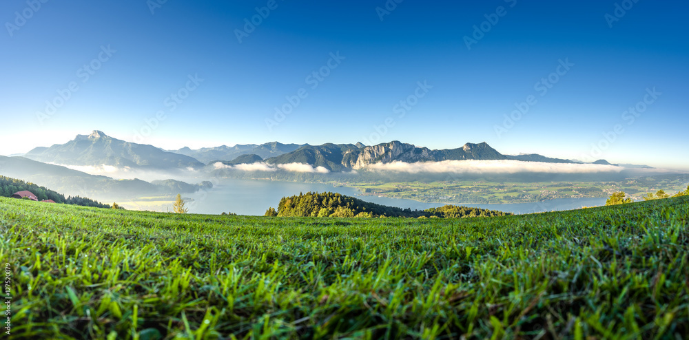 Panoramic view over lake Mondsee at morning, Upper Austria