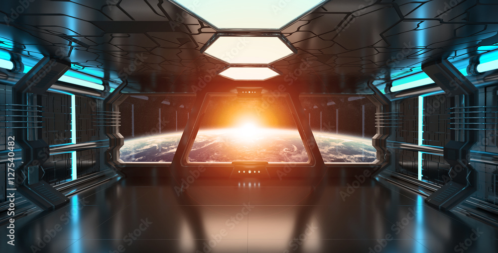 Spaceship interior with view on the planet Earth 3D rendering el