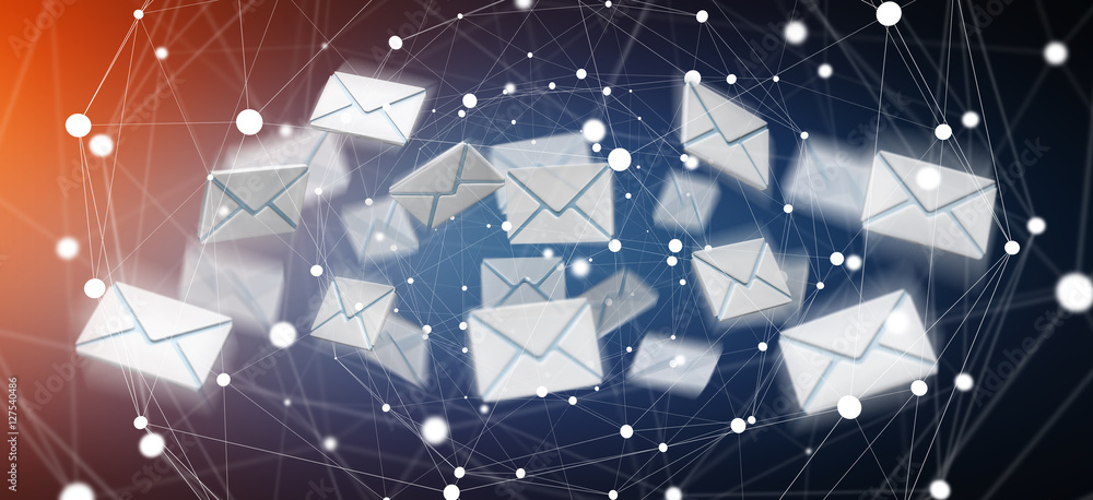 3D rendering flying email icon and web flying