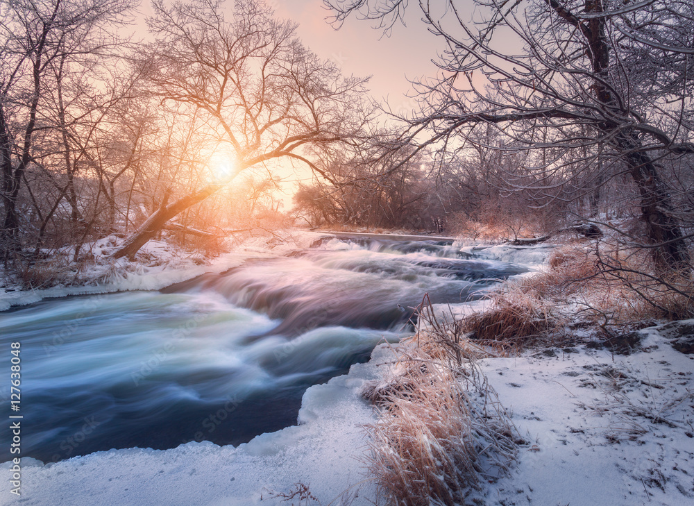 Christmas background with snowy forest. Winter landscape with snowy trees, beautiful frozen river an