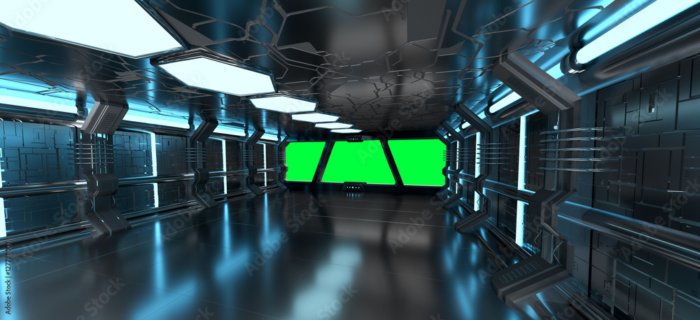 Spaceship blue interior with empty window 3D rendering elements