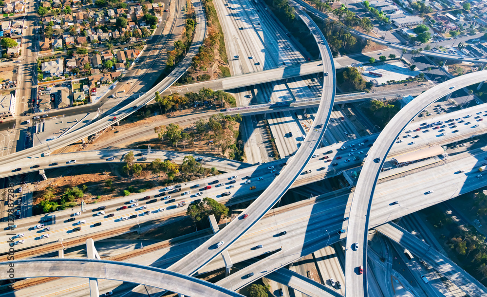 Aerial view of a freeway intersection in Los Angeles